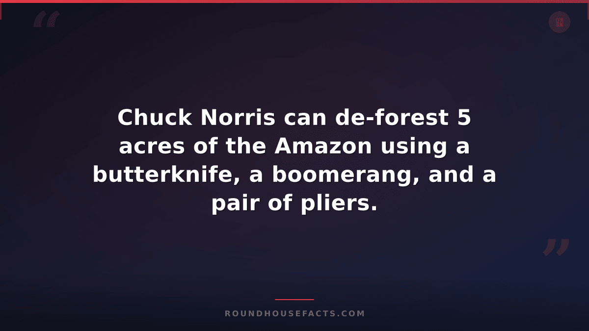 Chuck Norris Fact — Chuck Norris can de-forest 5 acres of the Amazon using a but
