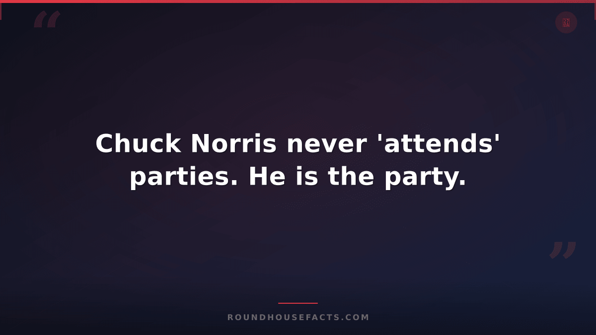 Chuck Norris Fact — Chuck Norris never 'attends' parties. He is the party.