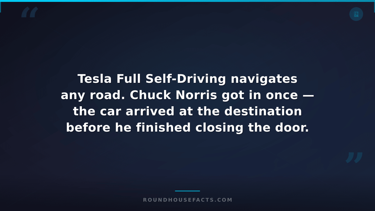 Chuck Norris Fact — Tesla Full Self-Driving navigates any road. Chuck Norris got