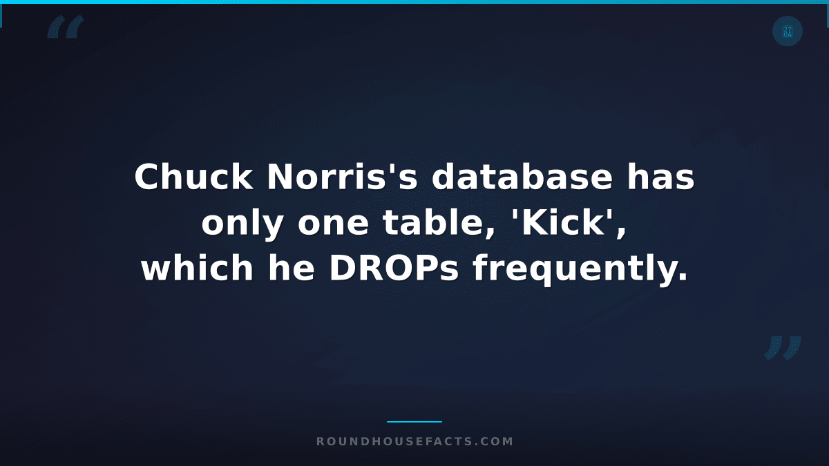 Chuck Norris Fact — Chuck Norris's database has only one table, 'Kick', which he