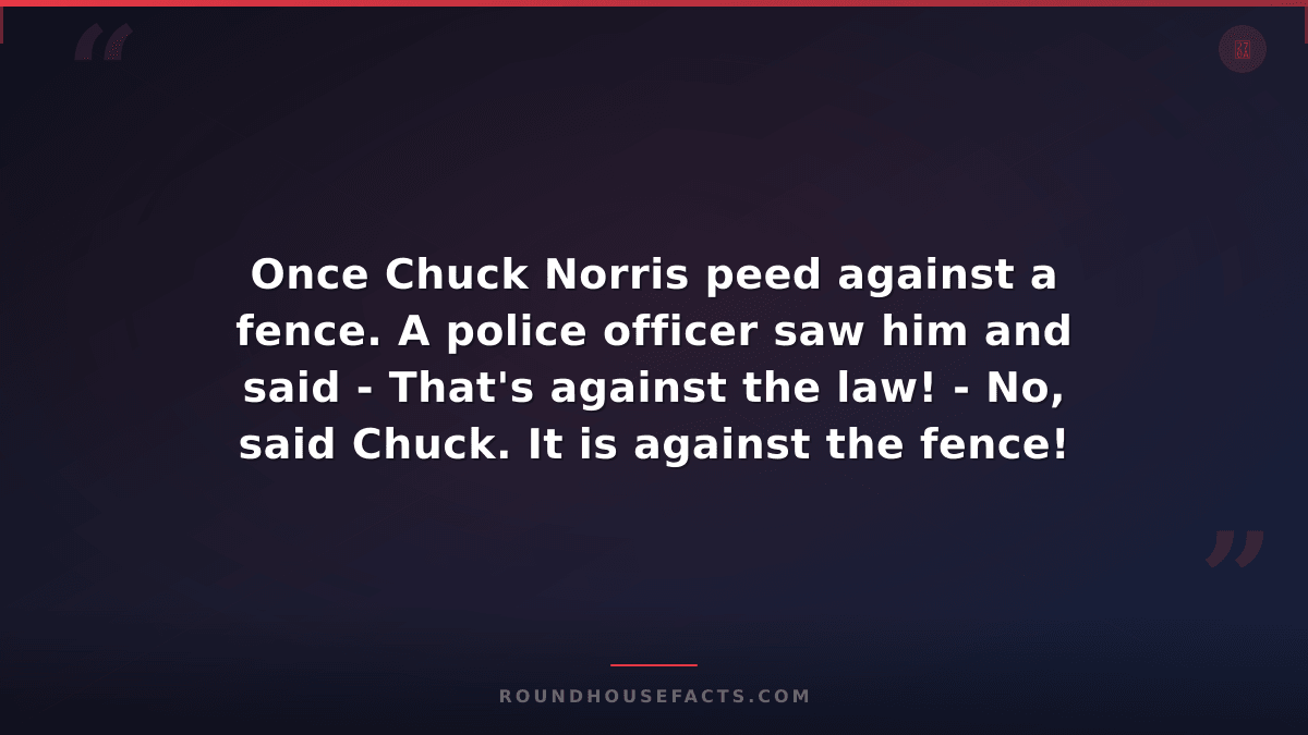 Chuck Norris Fact — Once Chuck Norris peed against a fence. A police officer saw